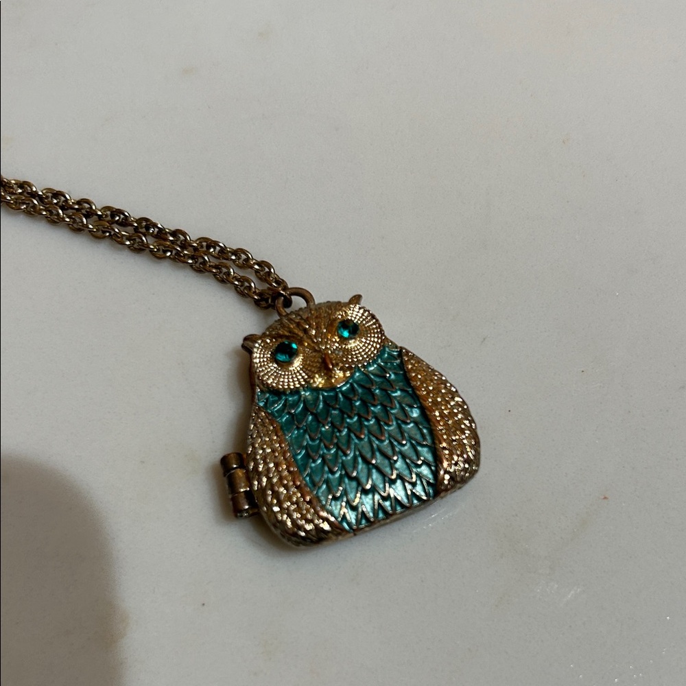 Owl Mirrior Pendant Necklace with Blue/Teal and Gold Accents